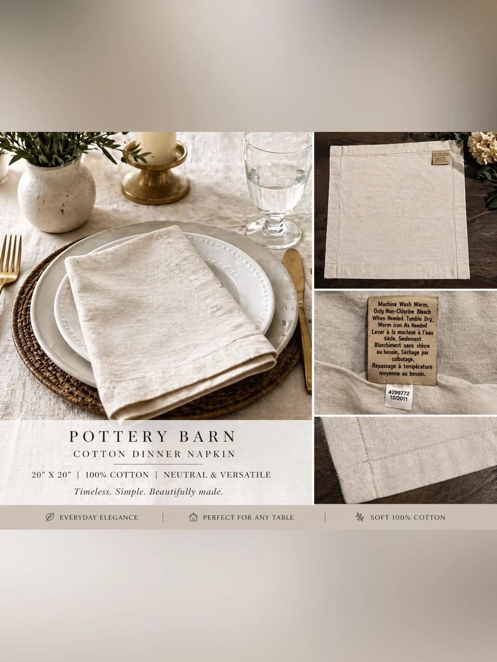 Pottery Barn Set of 6 Cotton Dinner Napkins 20x20 White Beige Farmhouse 1 Extra